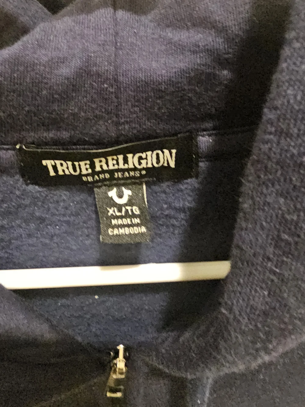 True Religion Navy Full-Zip Hoodie with Contrast Logo Patch